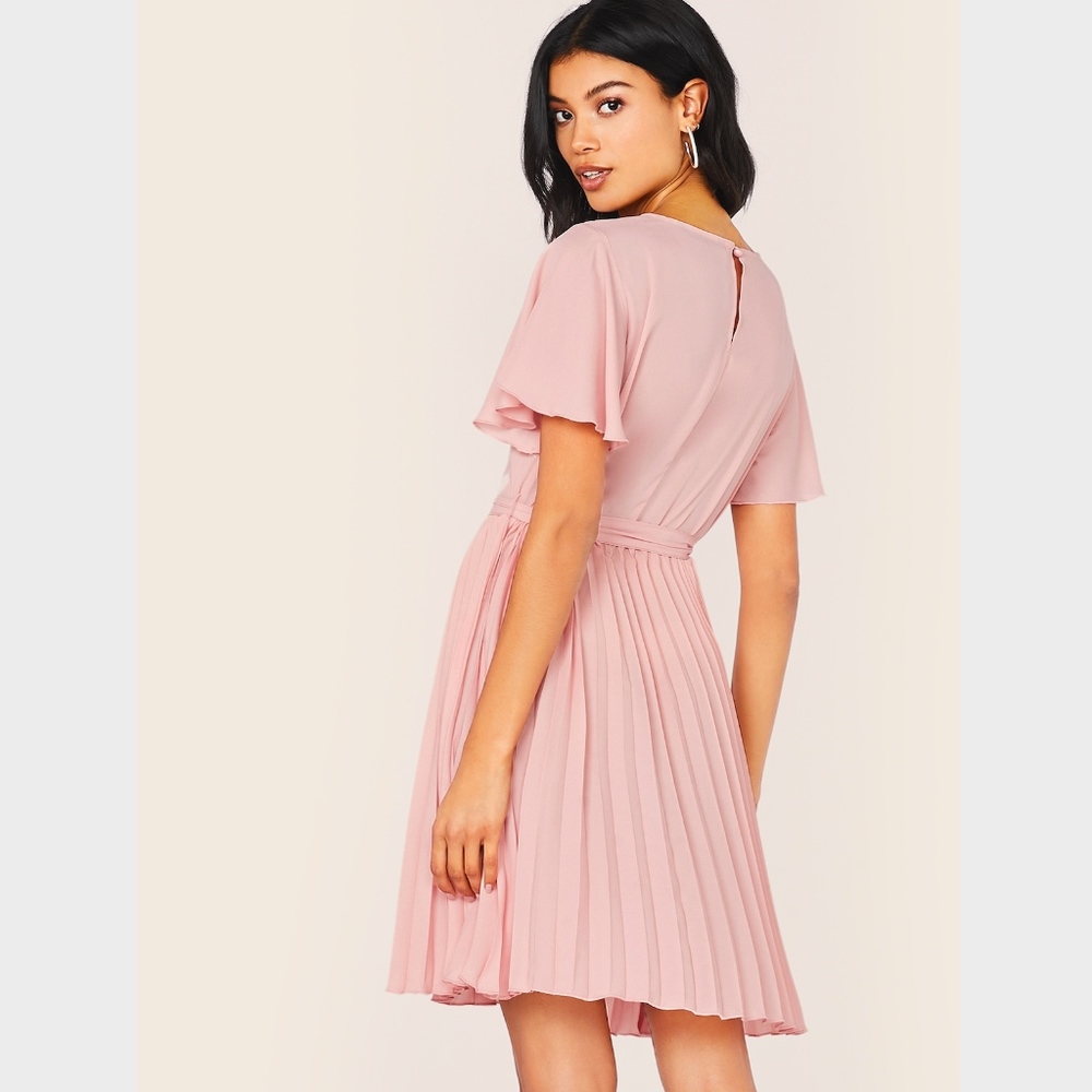 Flounce Sleeve Belted Pleated Mini Dress in Pink - Picture 4 of 7